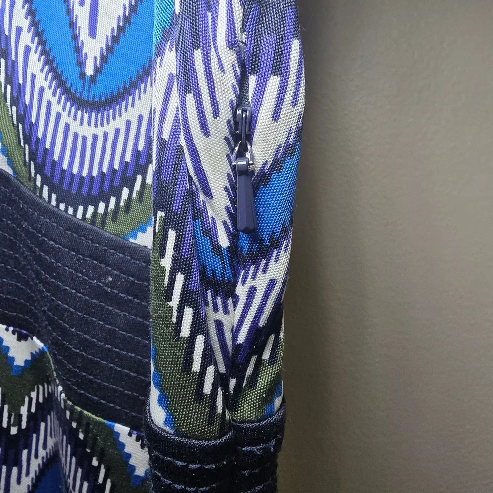 Tory Burch Silk Geometric Ikat Chevron V-Neck Dress Blue Green Black Size L